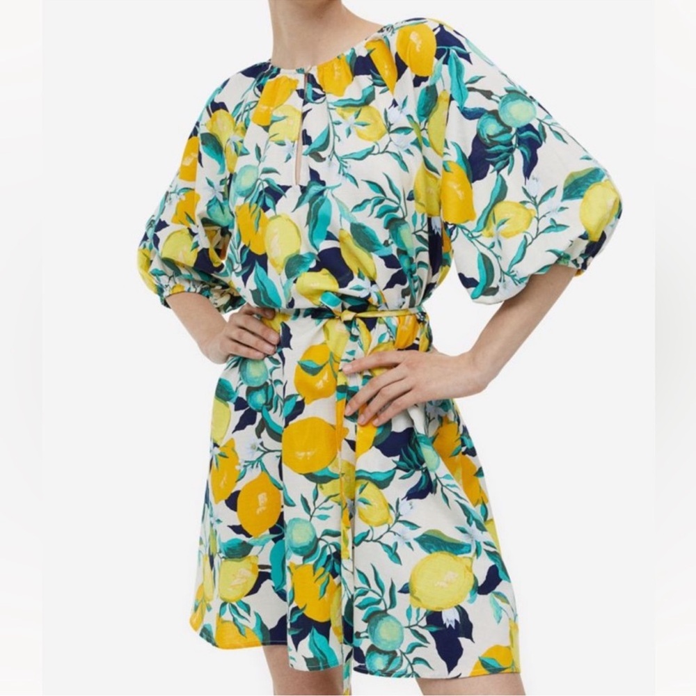 H&M Lemon Print Cotton Tie Belt Dress L